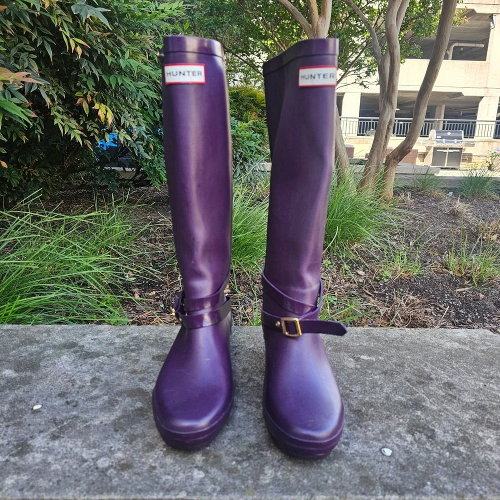 Hunter Andora Rain Boots Womens 7 Purple Wedge Tall Buckle Waterproof Twee 23954